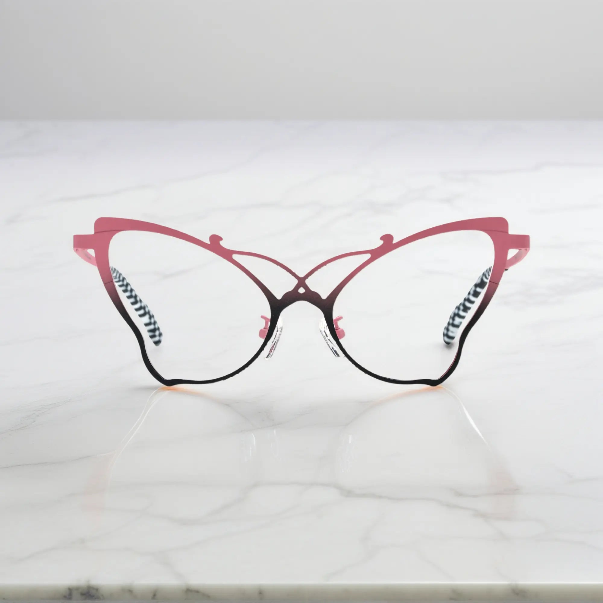 Front of VoyueLens™ VL185862 titanium butterfly eyeglasses in Pink Black – a lightweight, colorful, vintage-inspired, prescription ready frame designed for unique artistic style and everyday comfort.
